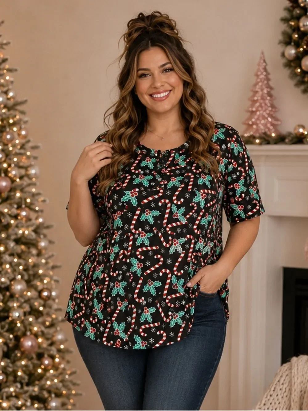 Modcloth Winning Them Over Short Sleeve Holiday Top Black Candy Cane 1X NWT